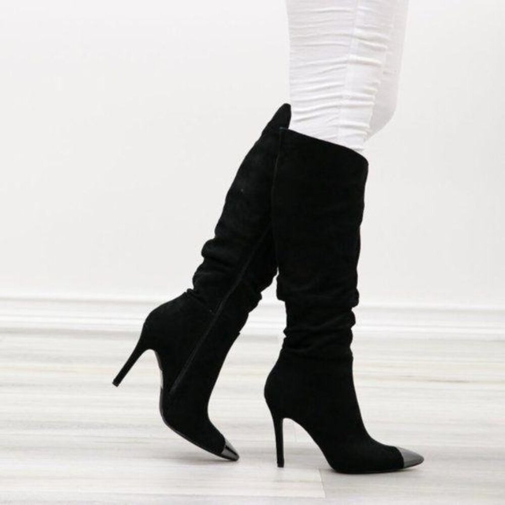 Pointy Toe Below The Knee Black Boots Faux Suede